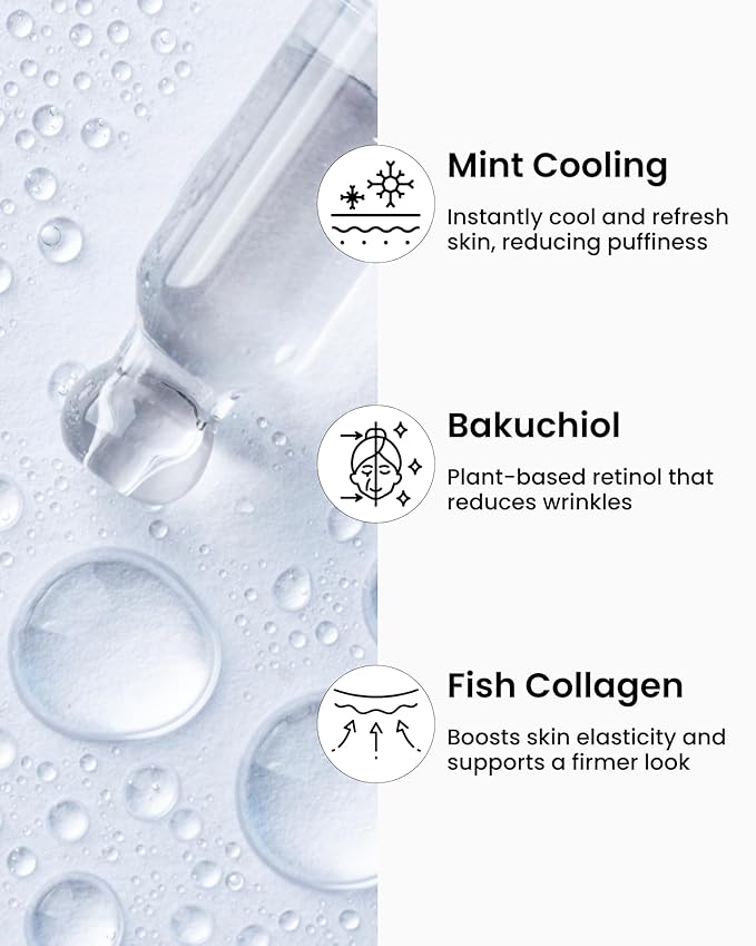 Ice Roll Serum for Face, Puffy Eyes, Under Eye Bags - Bakuchiol & Collagen for Wrinkles, Anti Aging, Ice Roller for Puffiness, Redness, Dark Circles - Korean Skin Care & Gua Sha, 1.69 Fl Oz