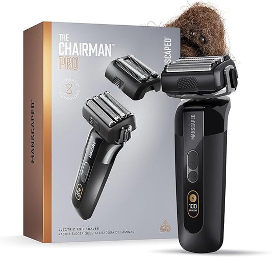 MANSCAPED® The Chairman™ PRO Men’s Electric Foil Face Shaver - Two Interchangeable Blade Heads, SkinSafe® Four-Blade Foil & Stubble Trimmer, USB-C Wireless Compatible Charging, Gentle on Neck