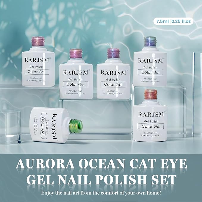 RARJSM Aurora Ocean Cat Eye Gel Nail Polish Set 6pcs Ceramic Duo Color Shimmer Universal Pink Orange Green Blue Purple Glitter Pearl Shell Mermaid Cateye Effect with Magnet Stick Curing Requires