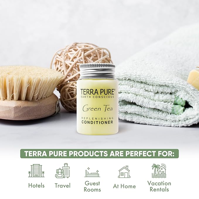 Travel Size Hotel Conditioner 300 Count 1 oz Bottles Guest Amenities for Hotels Vacation Rentals and Short Term Rentals Paraben Free Green Tea Scent Infused with Aloe and Olive Oil by Terra Pure)