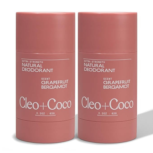 Cleo+Coco Extra Strength Deodorant Balm, Grapefruit Bergamot (2-Pack, 2.2 oz Each), Aluminum-Free Natural Deodorant with 5X Odor Fighters, Vegan, No Synthetic Fragrance (2 Pack, Grapefruit Bergamot)