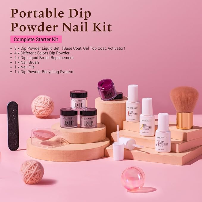 AZUREBEAUTY Dip Powder Nail Kit Starter, Light/Hot Pink Clear White Summer 4 Colors Acrylic Dipping Powder Liquid Set with Base/Top Coat Activator for French Nail Art Manicure DIY Gifts for Women