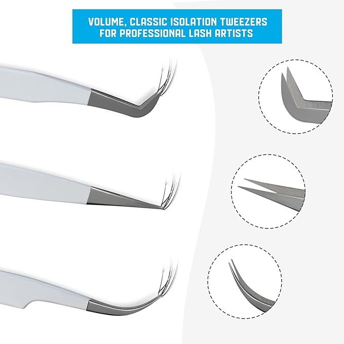 Lash Tweezers for Eyelash Extensions, Set of 3 - Volume, J Curved, Isolation Tweezers with Fiber Tips in White Colors, Ideal for Mega, Volume & Russian Lashes
