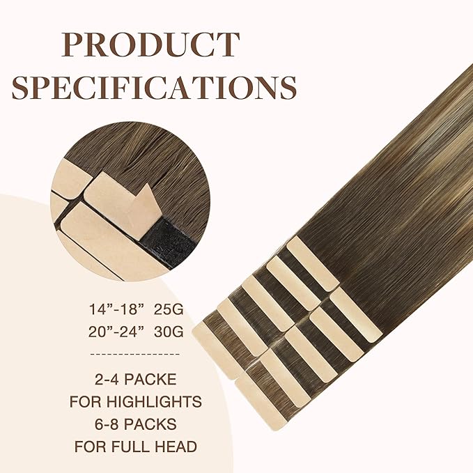 GOO GOO Tape in Hair Extensions Human Hair, 4/18 Balayage Chocolate Brown Highlighted Dirty Blonde, 14inch 25g 10pcs, Skin Weft Seamless Invisible, Silky Straight with Thick Ends, Remy Human Hair
