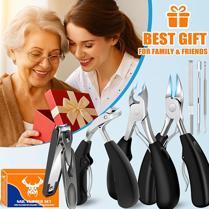 Heavy Duty Toenail Clippers for Thick Nails, 7-in-1 Pedicure Kit with Catcher for Seniors & Men, Professional Wide Jaw Ingrown Toe Nail Clipper Set, Podiatrist Tool