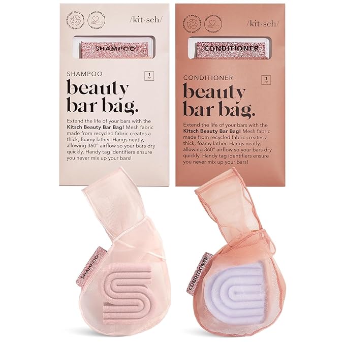 Kitsch Bar Soap Saver Bag – Patented Mesh Bag Soap Holder for Shampoo and Conditioner Bars - Extends Use & Prevents Soggy Mess - Recycled Mesh Beauty Pouch, Eco-Friendly - 2pc Set, Blush & Terracotta
