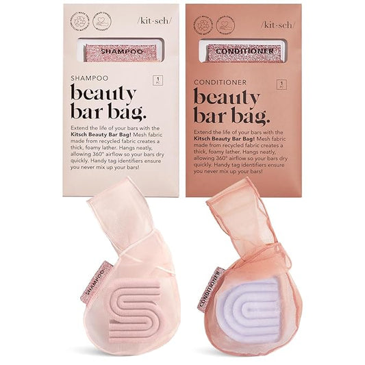 Kitsch Bar Soap Saver Bag – Patented Mesh Bag Soap Holder for Shampoo and Conditioner Bars - Extends Use & Prevents Soggy Mess - Recycled Mesh Beauty Pouch, Eco-Friendly - 2pc Set, Blush & Terracotta