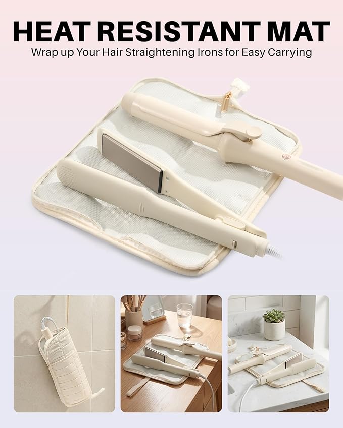 Hot Tools Travel Case with Heat Resistant Mat Pouch, Large Hair Tool Organizer Bag for Curling Iron Flat Iron Hair Dryer Hot Air Brush, Water Resistant Makeup Bag Gift for Women, Beige