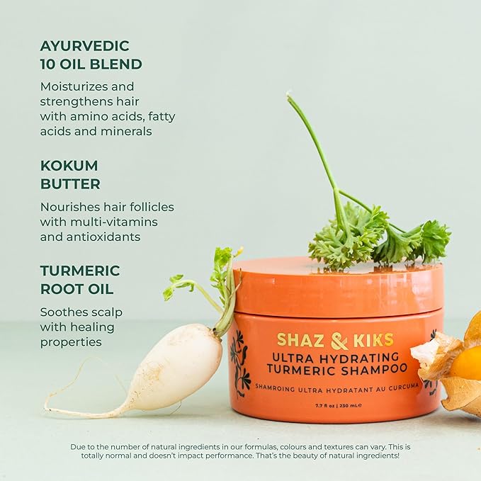 SHAZ & KIKS Ultra Hydrating Turmeric Shampoo | Deeply Moisturizing for Dry, Itchy, Flaky or Sensitive Scalp | Ayurvedic Turmeric & Kokum Butter | Natural, Vegan, Sulfate-Free, Color-Safe | 90ml