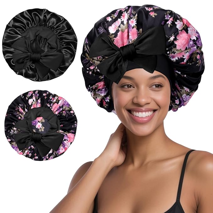 Arqumi 2 Pcs Satin Silk Bonnet for Sleeping Women, Long Strap Tie Band Adjustable Sleep Night Cap Curly Hair Bonnet Wrap for Braids Mother's Day Girls Gifts,Black + Black Flower Pattern (Large)