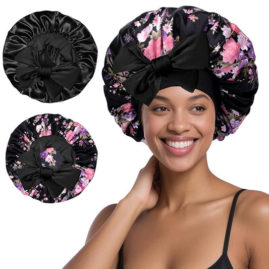 Arqumi 2 Pcs Satin Silk Bonnet for Sleeping Women, Long Strap Tie Band Adjustable Sleep Night Cap Curly Hair Bonnet Wrap for Braids Mother's Day Girls Gifts,Black + Black Flower Pattern (Large)