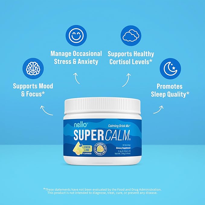 Nello Supercalm Powdered Drink Mix Tub, Cortisol Reducer* and Sleep Aid Supplement, L Theanine, Ksm-66 Ashwagandha, Magnesium Glycinate, Vitamin D 3, No Sugar, Non GMO, On The Go, 30 Ct, Lemon Lime