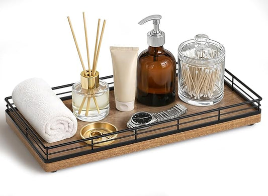 Bathroom Vanity Tray – 12" x 6" Acacia Decorative Wooden Tray for Toilet Tank Organizer Wood Tray for Bathroom Countertop, Soap, Perfume Accessories Storage, Vanity Dresser Decor Black & Acacia