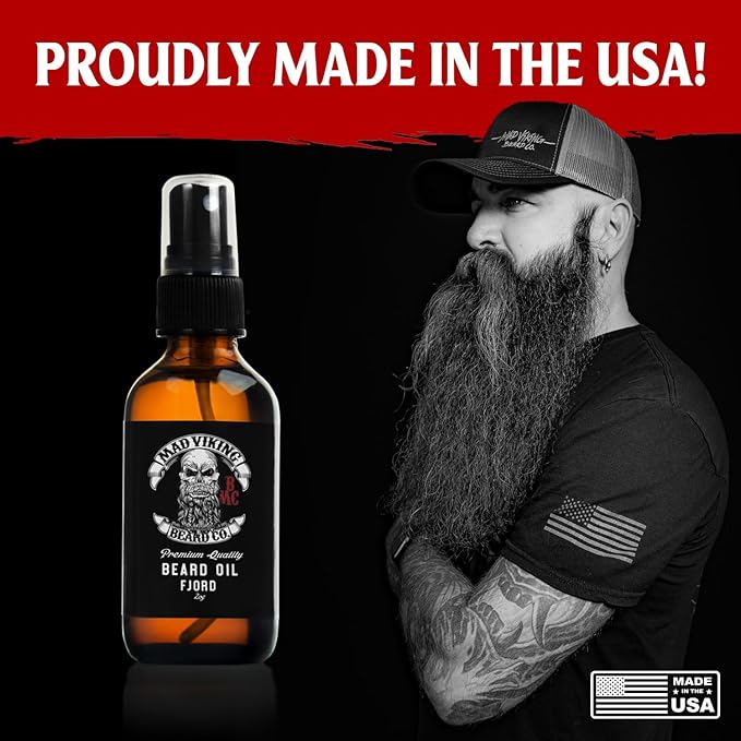 Mad Viking Fjord Beard Oil - Hydrate, Soften And Grow Your Beard Naturally. Fight Itch And Dandruff With A Crisp Yet Woodsy Mint, Orange, Cedarwood & Sandalwood Scent. Made In The USA - 2oz