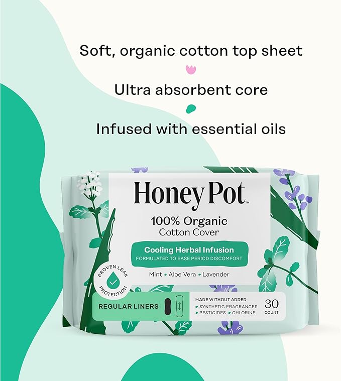 The Honey Pot Company - Herbal Everyday Panty Liners for Women - Infused w/Essential Oils for Cooling Effect & Organic Cotton Cover - Feminine Care - 30 ct