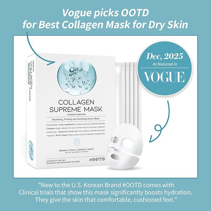 #OOTD Collagen Hydrating Sheet Masks for Face Korean Anti Aging Mask Sheet for Dry Skin & Sensitive Skin, EVE Vegan, Not Tested on Animals, No Parabens, No Sulfates, Hyaluronic Acid, Witch Hazel 10EA