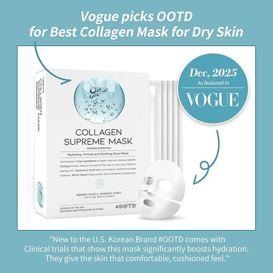 #OOTD Collagen Hydrating Sheet Masks for Face Korean Anti Aging Mask Sheet for Dry Skin & Sensitive Skin, EVE Vegan, Not Tested on Animals, No Parabens, No Sulfates, Hyaluronic Acid, Witch Hazel 10EA