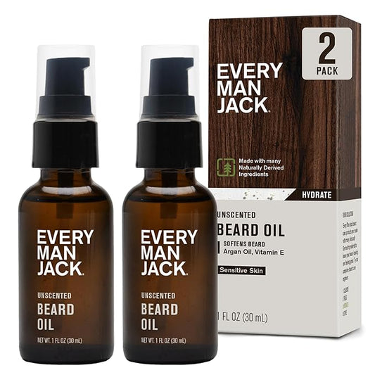 Every Man Jack Unscented Beard Oil for Men - Fragrance Free for Sensitive Skin - Naturally Moisturizes and Softens Beard w/Shea Butter & Argan Oil - 1 fl oz (2 pack)