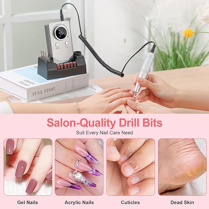 Electric 45000RPM Nail Drill Machine Rechargeable Portable Nail File Electric DIY Nail Drill Kit with Smart LCD Screen for Gel Nail Manicure and Pedicure Reflective Body etc (Grey)