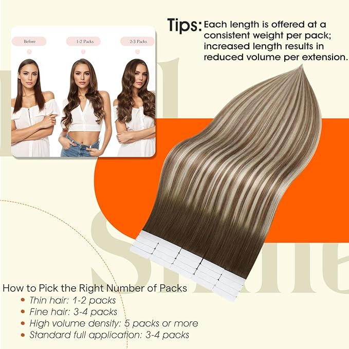 Full Shine Tape in Hair Extensions Human Hair 14Inch Color 3 Darker Brown Ombre 8 Brown Highlights 22 Blonde Remy Tape in Human Hair Extensions Seamless Skin Weft Soft Straight for Women 20Pcs 50Gram