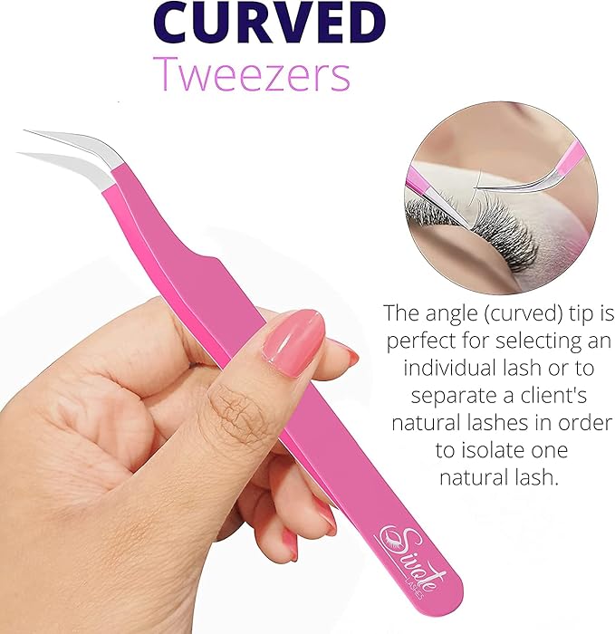 SIVOTE Lash Tweezers for Eyelash Extensions – Professional Stainless Steel Straight & Curved Tips – Precision Lash Extension Tweezers Set for Volume & Classic Lashes (c, Pink)