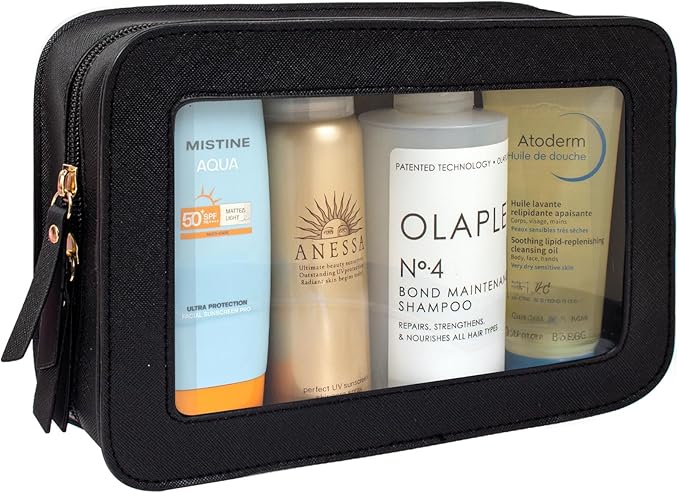 LETGO Clear Makeup Bag, Travel Cosmetic Case Toiletry Bag Make up Organizer Skincare Pouch for Women, Car Essentials Bag with Clear Windows (Black, Standard)