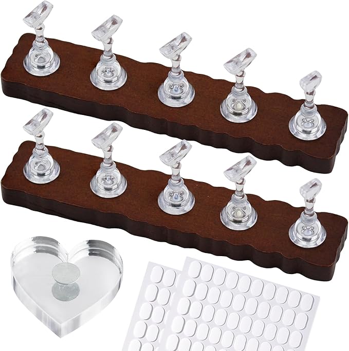Nail Stand for Press On Art Display Practice 2 Set, 1 Heart Shaped Acrylic Magnetic Nail Stand, Fake Nail Holder with 200 Pieces Double-sided Tape, For Home DIY Salon Supplies (Walnut, Medium)