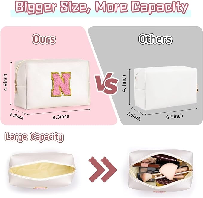 TOPEAST Preppy Small Makeup Bag, Chenille Letter Pouch Cosmetic Bag With Zipper, PU Leather Waterproof Toiletry Bag, Personalized Birthday Gift for Women, Cute Stuff for Girls (Pearly White D)