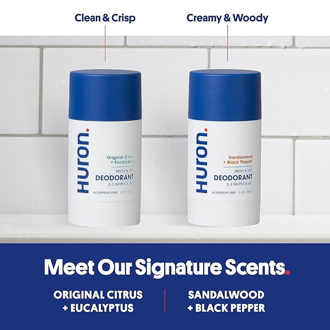 Huron Aluminum-Free Deodorant for Men - Clean & Woody Scent of Sandalwood & Amber - Neutralizes Odor for All-Day Protection - Non-Irritating - 3.2 Oz (2 Pack)