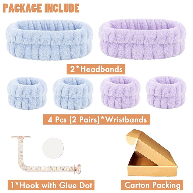 Face Wash Headband and Wristband Set of 2, Purple and Blue, Microfiber, Fitness, Unisex, with Wrist Towel Holder