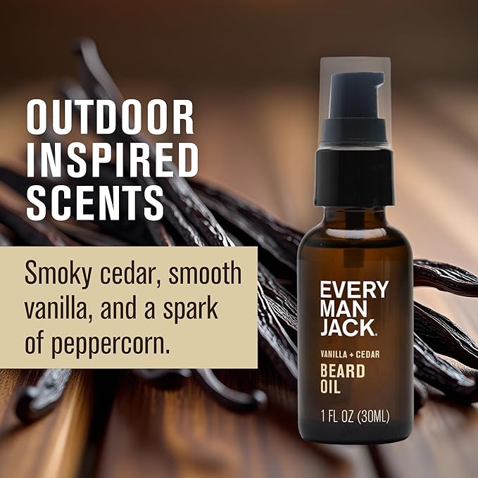 Every Man Jack Mens Beard Oil - Vanilla + Cedar Fragrance - Deeply Moisturizes and Softens Your Beard and Adds a Natural Shine - Naturally Derived with Shea Butter and Argan Oil - 1 fl oz