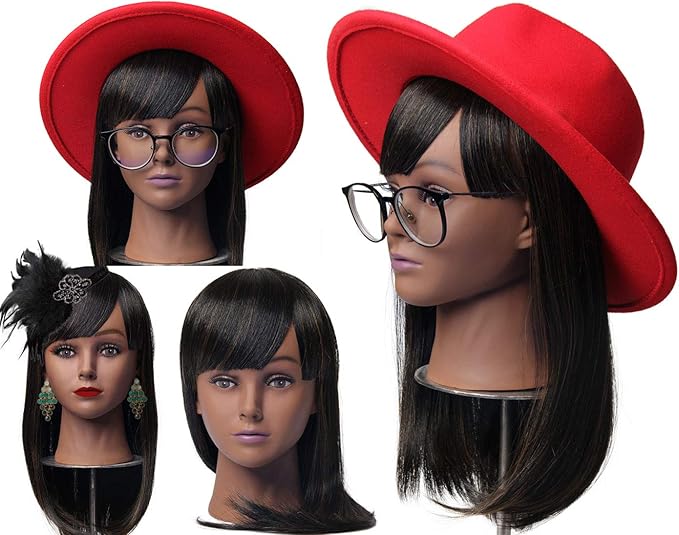 Bald Female Mannequin Head with Eyelash Training Head Wig Head Professional Cosmetology for Wig Making and Display Hat Helmet Glasses or Masks Display Head Model with Free T-Pins (Dark Brown)
