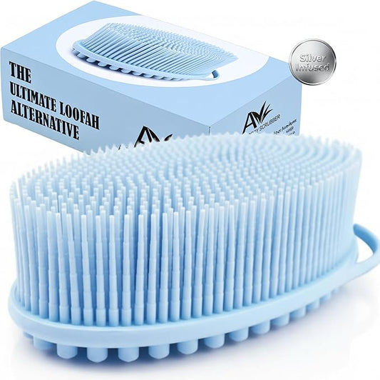Avilana Silver Edition Body Scrubber - Silver-Ion Infused Silicone Shower Brush, ISO Tested Dual Sided, Stays Fresher Longer, SGS Certified Gentle Exfoliating Loofah Alternative Sensitive Skin Women
