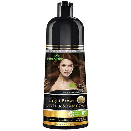 Herbishh 3-In-1 Magic Hair Dye Shampoo for Gray Hair - Light Brown, 500 Ml, Ammonia-Free, Long Lasting, Colors Hair in Minutes,Unisex