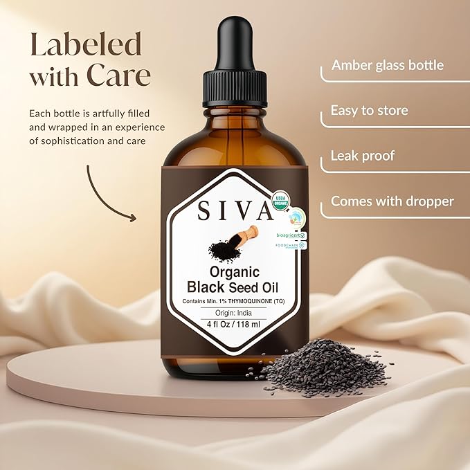 SIVA Black Seed Oil Organic - 4 Fl Oz – 100% Natural Cold Pressed Black Seed Oil - for Face, Skin Care, Hair Care, Scalp Massage & Body Massage – Carrier Oil with Dropper