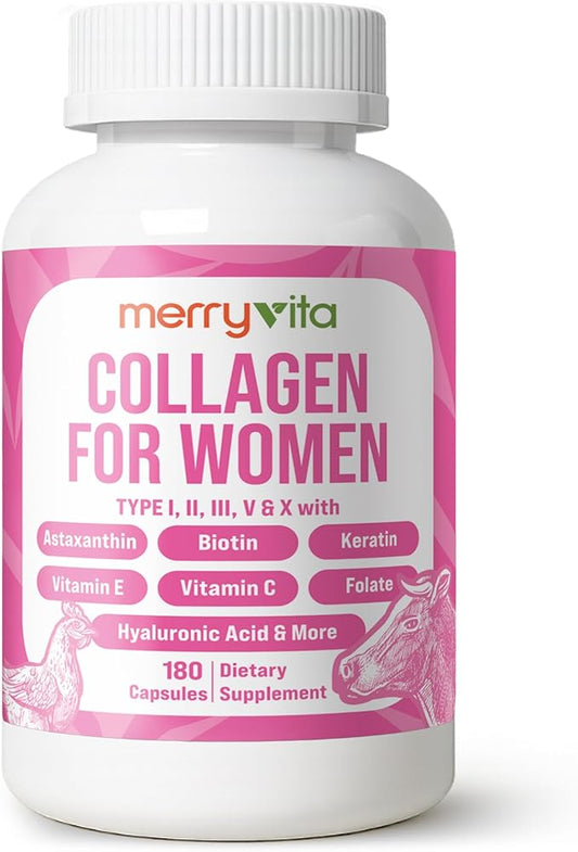 Collagen for Women – Hydrolyzed Multi Collagen Peptides Types I, II, III, V & X – Collagen Supplement with Vitamin C, Biotin & Hyaluronic Acid – Grass Fed, Non-GMO - 180 Capsules (Pack of 1 Bottle)