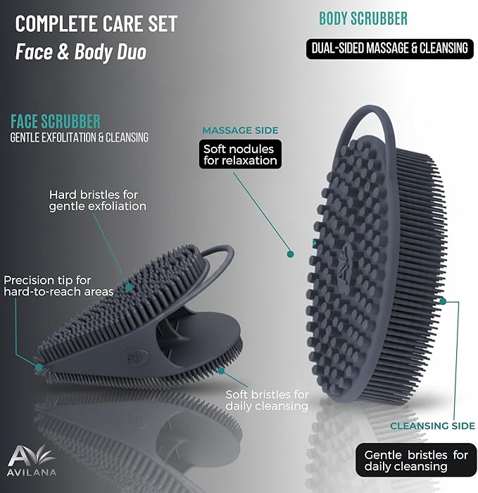 Avilana Premium Body Scrubber and Face Brush Set - 8 Years Trusted Since 2017 - SGS Certified Silicone 2-in-1 Shower Kit, Dual Sided Gentle Exfoliating Loofah Alternative Sensitive Skin Women Men Gift