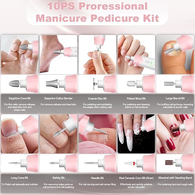 Electric Nail File Drill, Cordless 2000 mAh Rechargeable Nail Filer Electric, Portable Nail Dril Machine Drill for Nails Acrylic Manicure and Thick Toenails Buffer Grinder Care Professional (Pink)