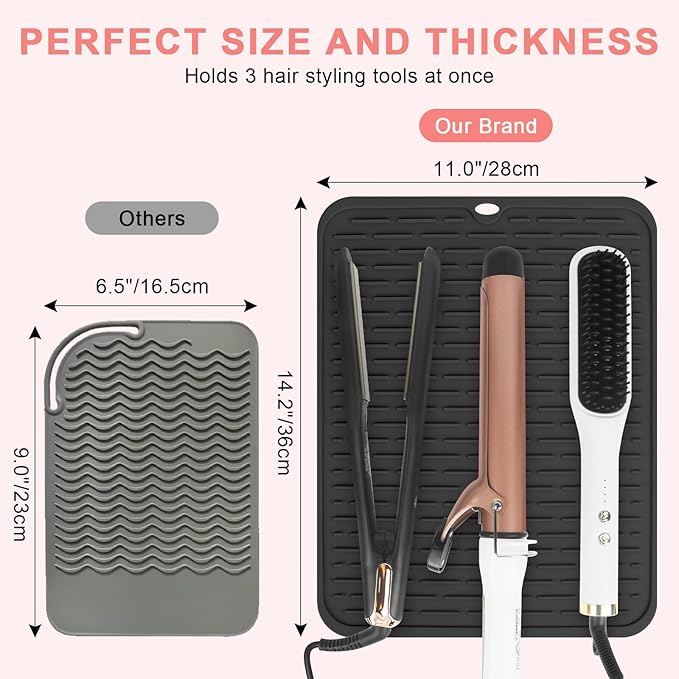 AMIJEAL Oversize Silicone Heat Resistant Mat for Hair Tools, Curling Iron Mat, Hot Tools Holder, Portable Flat Iron Hair Straightener Pad Cover for Travel Vanity Salon(14.2" x 11.0")