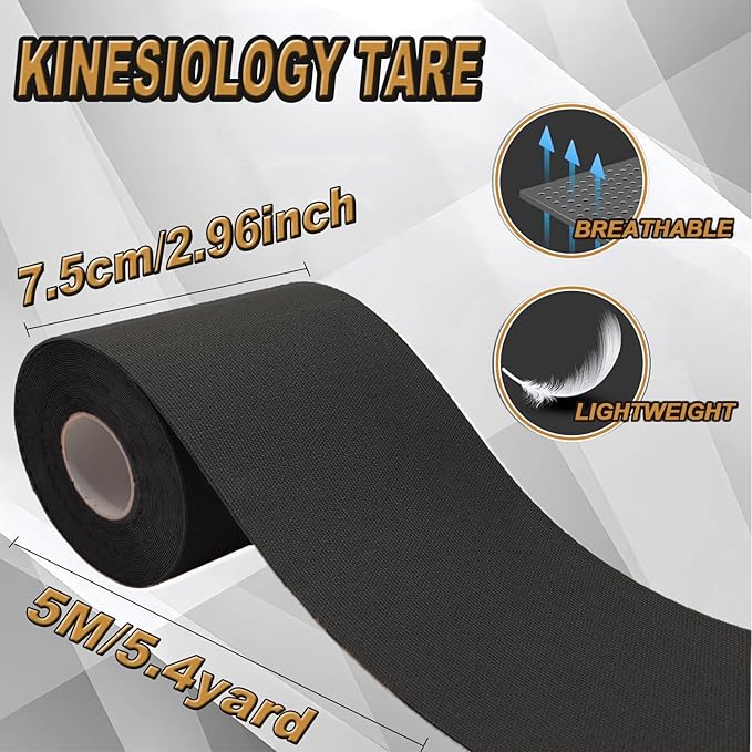 Kinesiology Tape,2Roll Waterproof Muscle Support Adhesive Sport Tape,|3in x 5.5yd|Medical Grade Cotton Elastic Athletic Tape for Muscle Pain Relief & Joint Support, Breathable K Tape (Uncut-Black)