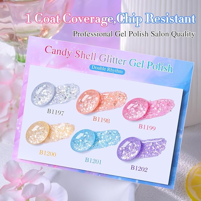 Double Rhythm 0.5 Oz Glitter Gel Polish Set of 6 Color with Display Borad 15 ml Full Size Kit Shimmer Reflective Sparkle Soak Off Manicure Salon DIY at Home (Silver Pink Yellow-T6-54)