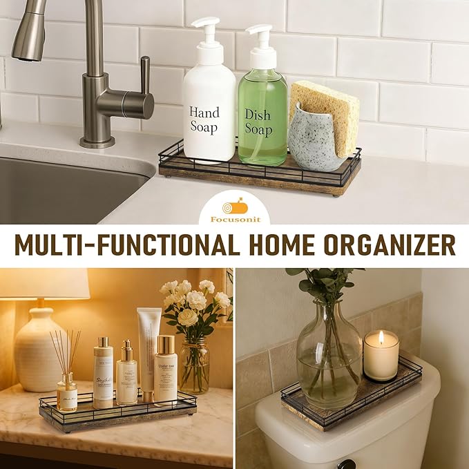 Bathroom Vanity Tray – 12" x 6" Decorative Wooden Tray for Toilet Tank Organizer Wood Tray for Bathroom Countertop, Soap, Perfume & Accessories Storage Vanity Dresser Decor Black & Rustic Brown