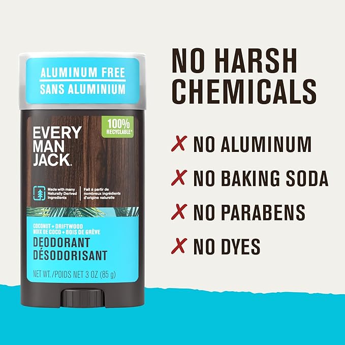 Every Man Jack Coconut Driftwood Men’s Deodorant - Stay Fresh with Aluminum Free Deodorant For all Skin Types - Odor Crushing, Long Lasting, with Naturally Derived Ingredients - 3oz (2 Pack)