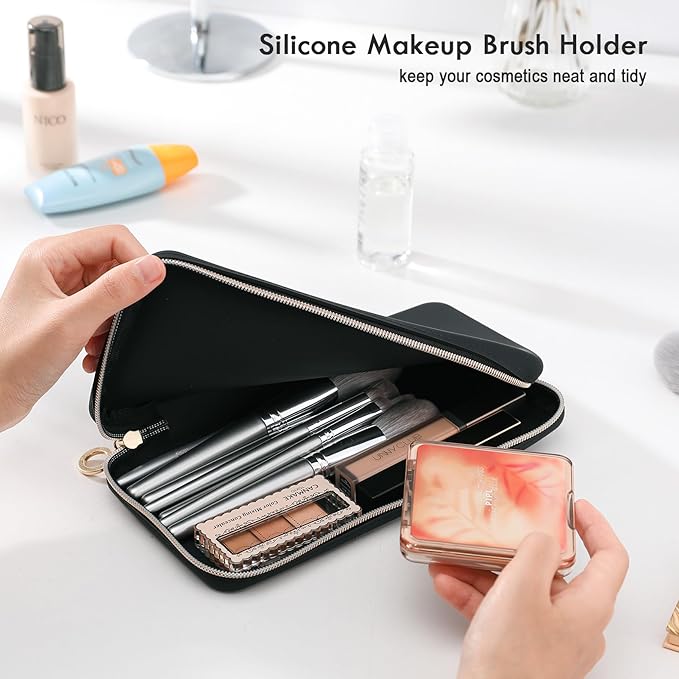 FVION Zipper Makeup Brushes Bag For Travel, Large Silicone Makeup Brush Holder, Make Up Brushes Pouch Case for Makeup Tools - Black
