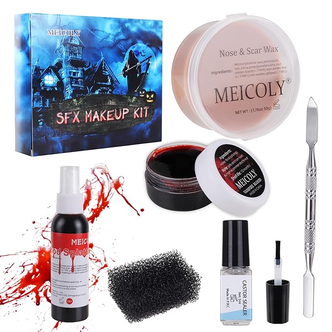 MEICOLY SFX Makeup Kit Scars Wax,Fake Blood Spray(2.1Oz) Halloween Special Effects Wound Wax(1.67Oz) with Spatula,Stipple Sponge,Coagulated Blood Gel(1.06Oz),5ml Castor Sealer,Scary Clown Makeup 01
