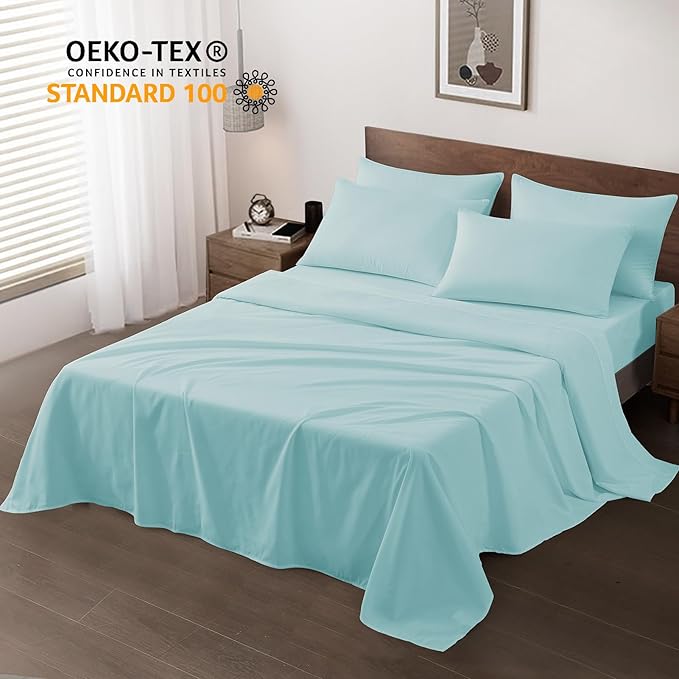 Maple&Stone Queen Flat Sheet 6 Pack,Premium Soft & Breathable,Brushed Microfiber Fabric,Anti-Shrinkage & Non-Fading,Bulk Flat Sheets Only Queen Size(Light Blue)