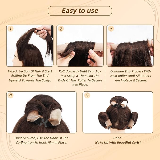 Luckybear Overnight Heatless Hair Curler Jumbo, 3pcs Satin Flexi Rods for All Hair Types, Heatless Overnight Curls Styling Tools, Soft Velvet Satin Brown