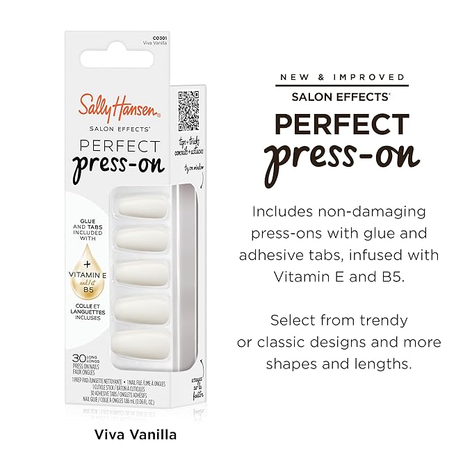 Sally Hansen Salon Effects Perfect Press-On Nails | Coffin Shape | Easy to Apply, Non-Damaging | 30 Nails, Nail Glue, Adhesive Tabs, File | Viva Vanilla