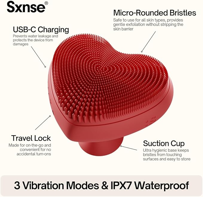 Heart Face Clean Pro⁺ - Electric Silicone Facial Scrubber for Acne with 7000+ Sonic Pulses - IPX7 Waterproof Rechargeable Exfoliator with Slip-Free Grip, 3 Speed Settings & Phthalate-Free - Cherry