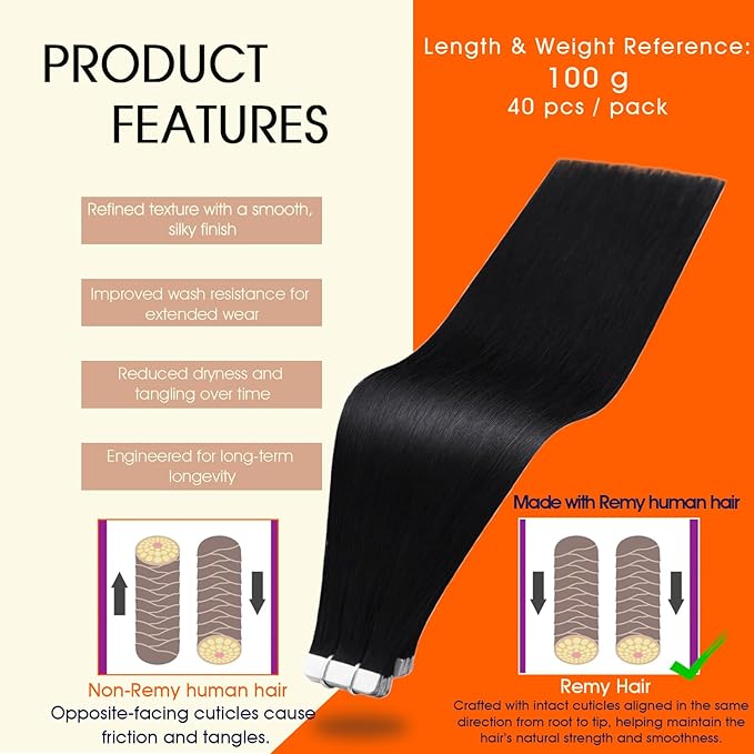 Full Shine Tape in Extensions Jet Black Tape in Extensions Real Human Hair 28Inch 100G 40Pcs Seamless Skin Weft Straight Hair Extensions Daily Wear for Women
